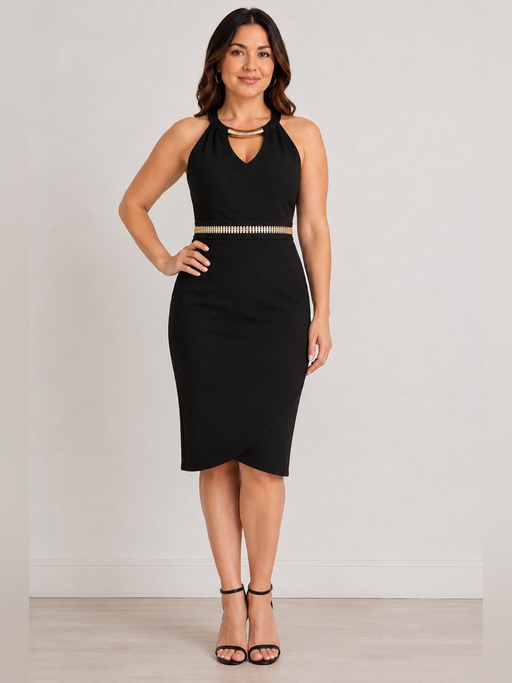JAX Black & Gold Halter Dress โ Size 4 โ Fully Lined